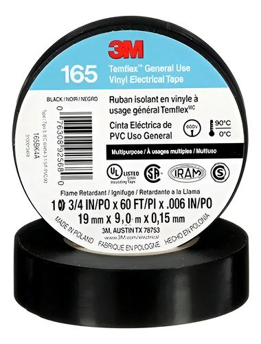 Cinta Aislante 1500 Temflex Negra 19 Mm X 9.14 Mts Color Negro Liso - Imagen 5