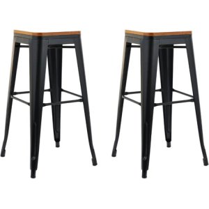 Kit De 2 Taburetes Sin Respaldo High Tolix Con Asiento De Madera Negro