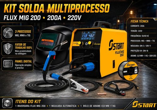 Máquina Inversora De Soldadura Sinérgica Start Flux Mig 200a 3 En 1 Mig Tig Mma Con Antorcha De Gas, Rímel, Alambre Y Accesorios Amarillo - Imagen 3