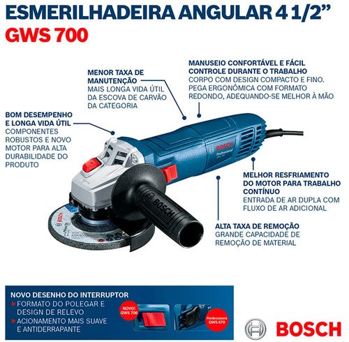 Amoladora Angular Profesional Bosch Gws700 De 710 W, Juego De 40 Unidades, Discos Y Accesorios Azul 60hz - Imagen 3