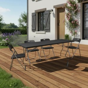 Mesa Plegable 180cm + 4 Sillas Exterior Plegable Negro