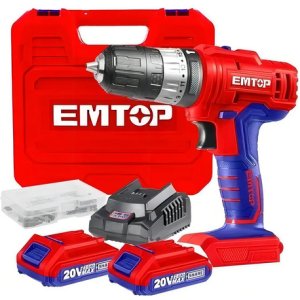 Taladro Atornillador Inalámbrico Emtop 2 Baterías Percutor 13mm Rojo