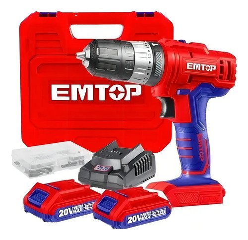 Taladro Atornillador Inalámbrico Emtop 2 Baterías Percutor 13mm Rojo