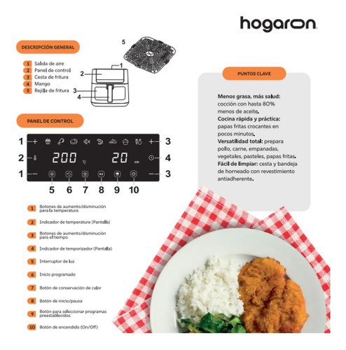 Freidora De Aire 6l Hogaron Air Fryer Xl 1500w Digital Visor Negro - Imagen 6
