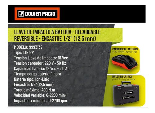 Llave Impacto Bateria Ion Litio 18 V Dowen Pagio 9993139 Naranja 0 - Imagen 5