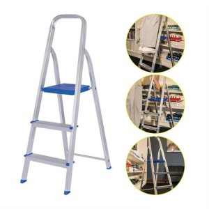 Escalera Doméstica De Aluminio De 3 Peldaños De Alta Resistencia Mor Silver Con Detalles Azules Plateado Con Detalles En Azul
