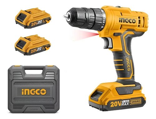 Taladro Atornillador Ingco 20v Con 2 Bat + Maletin Tyt Amarillo