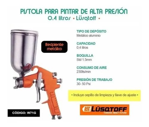 Pistola Soplete Pintar 0.4lt 1.5mm Lusqtoff W71g Tipo Maer Naranja - Imagen 3