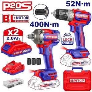 Atornillador 52nm Y Llave De Impacto 400 Nm 20v Emtop + 2 Bat Azul/rojo 50 Hz