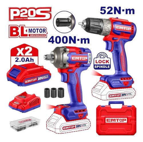 Atornillador 52nm Y Llave De Impacto 400 Nm 20v Emtop + 2 Bat Azul/rojo 50 Hz