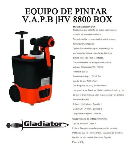 Equipo De Pintar V.a.p.b. 600w Gladiator Pro Modelo Hv8800 - Imagen 3