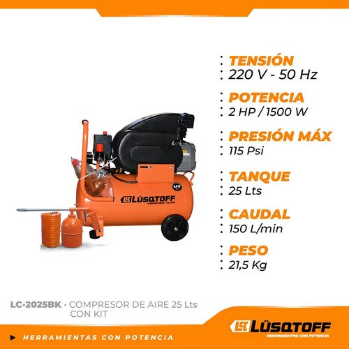 Compresor De Aire Eléctrico Portátil Lüsqtoff Lc-2025bk 25l 2hp Naranja 50 Hz Monofásica - Imagen 8