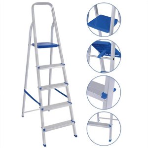 Escalera Doméstica Plegable De Aluminio Con 5 Peldaños Principales Plata Y Azul