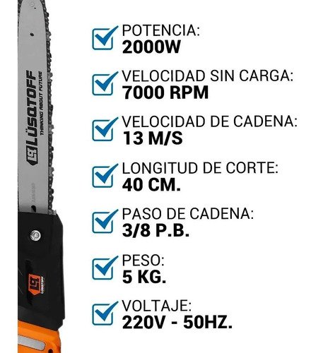Motosierra Eléctrica Lusqtoff 2000w Espada 40cm Esl2000-8 Color Naranja - Imagen 7