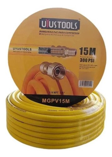 Manguera 15 Metros Para Compresor/aire Reforzada Pvc 300psi Color Amarillo - Imagen 4