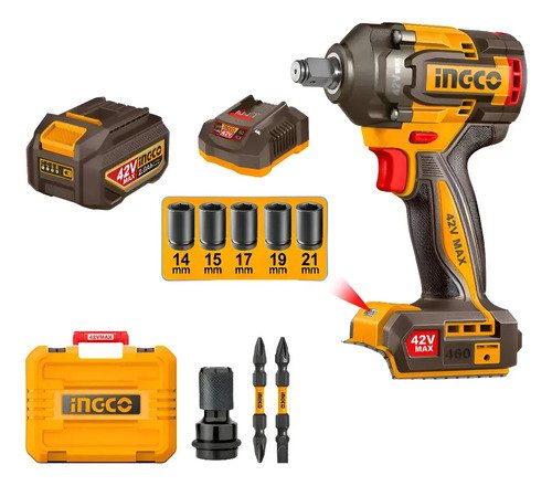 Llave De Impacto Ingco 42v 1/2 Recargable Kit + Accesorios Amarillo 24