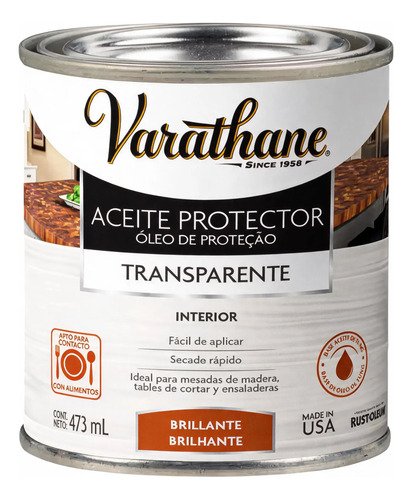 Aceite Protector P/ Madera Varathane 473ml Apto P/ Alimentos Transparente Brillante