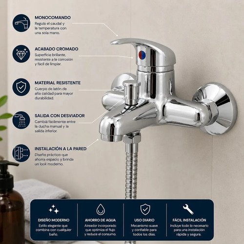 Monocomando Ducha Rimontti Plateado Con Teléfono De Pared Cromado - Imagen 5