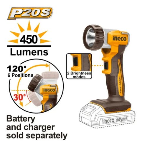 Linterna Ingco Inalámbrica 20v 450 Lúmenes Sin Batería Blanco Amarillo - Imagen 3