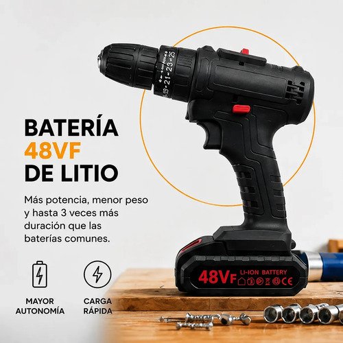 Taladro Percutor Atornillador + 2 Baterías Inalámbrico Negro - Imagen 3