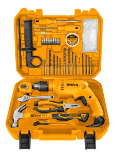 Set Taladro 680w Herramientas + Valija Ingco Hkthp11151 Anaranjado Y Negro