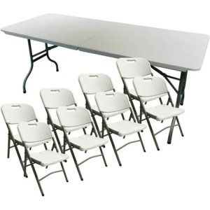 Juego Jardin Mesa Plegable 1,80 + 8 Sillas Plegables Camping Beige