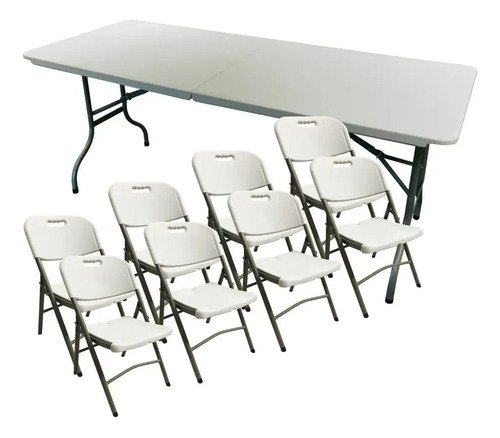 Juego Jardin Mesa Plegable 1,80 + 8 Sillas Plegables Camping Beige