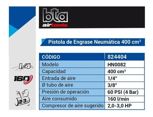 Pistola Engrasadora Neumática Bta Tools Hn0082 0.4l 870.226 Psi - Imagen 2