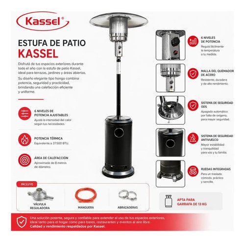 Estufa A Gas Pirámide Kassel Negra Y Plateada Exterior Glp 221cm Negro - Imagen 5
