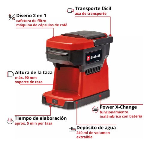 Cafetera Einhell Expert Te-cf 18 Li Semi Automática Bate+car Rojo - Imagen 4