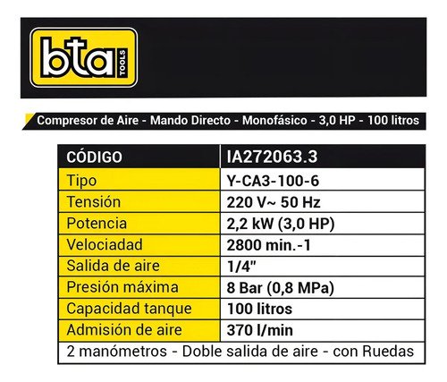 Compresor De Aire Eléctrico Portátil Bta Tools Y-ca3-100-6 100l 3hp Azul Monofásica - Imagen 3