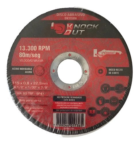 Disco De Corte 115mm P/acero Y Ac. Inoxid. Knock Out X50unis Rojo
