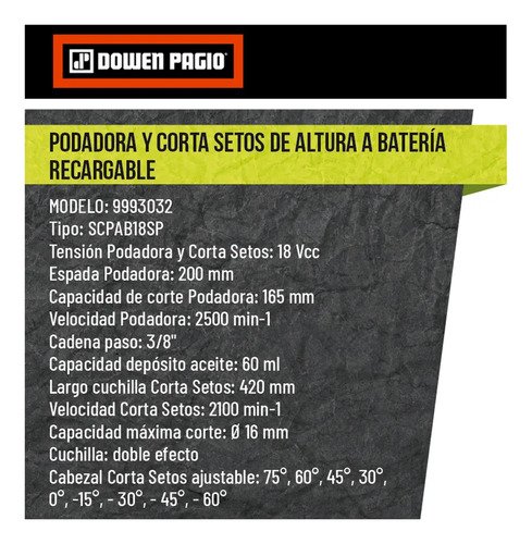 Podadora Cortasetos Bateria Ionlitio 18v Dowen Pagio 9993032 Naranja - Imagen 9