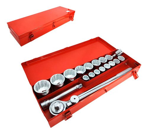 Set Juego De Tubo Encastre 3/4 21 Piezas Caja Chapa Premium Gris