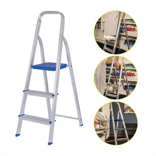 La Escalera Maestra De 3 Peldaños Soporta Hasta 120 Kg, Construcción Doméstica Plateada Y Azul Plata Y Azul