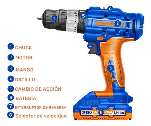 Taladro Atornillador Wadfow C/percutor + 2 Baterías 10mm Color Azul Azul Y Naranja - Imagen 3