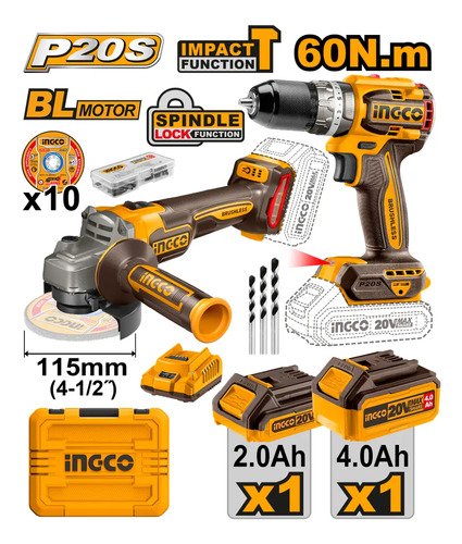 Kit Ingco Atornillador Percutor + Amoladora 20v + Accesorios Naranja - Imagen 3
