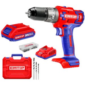 Taladro Atornillador 45nm C/percutor 2 Bat Emtop Color Rojo