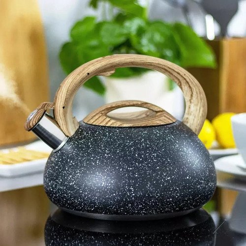 Pava Silbadora Couri Carpi De Acero Inoxidable Con Asa De Silicone With A Wood Design Negro Marmolizado - Imagen 3