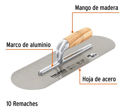 Llana Mango Madera Canto Redondo 10 Remaches 16 Truper 12398 - Imagen 3