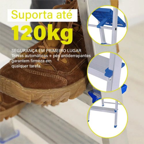 La Escalera Maestra De 3 Peldaños Soporta Hasta 120 Kg, Construcción Doméstica Plateada Y Azul Plata Y Azul - Imagen 5