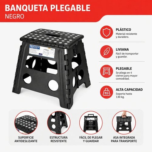 Banqueta Banco Plegable Escalera Plastico Reforzado 32 Cm Negro - Imagen 3