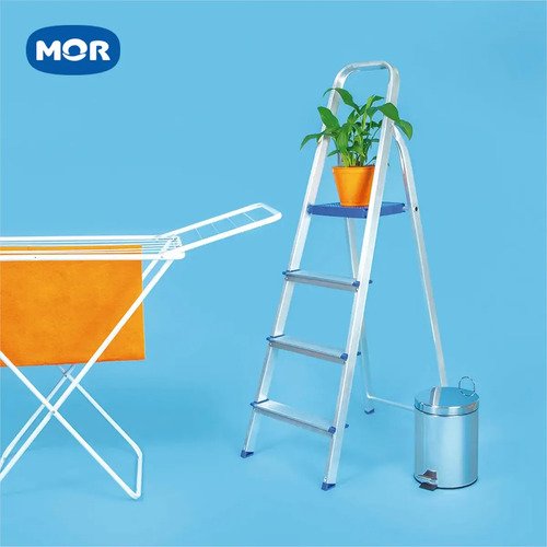Escalera Doméstica Plegable Mor De Aluminio Con 4 Escalones Y 1.41 M Plateado Y Azul - Imagen 2