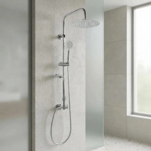Barral Columna Ducha Barra Roseta Y Teléfono Redondo Plateado Cromado