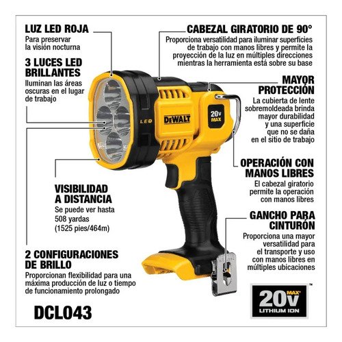 Linterna Dewalt Dcl043 Led Ion Litio 20v Sin Bateria Lintern Amarillo - Imagen 3