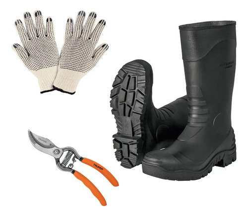 Botas Jardineras #28 + Tijeras P/poda + Guantes De Algodón Color Blanco Diseño De La Tela Punteado Talla Unitalla Puntos