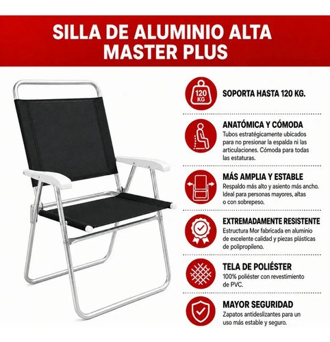 Silla Alta Aluminio Set X2 Playa Reforzada Master Plus Mor Color Negro - Imagen 2