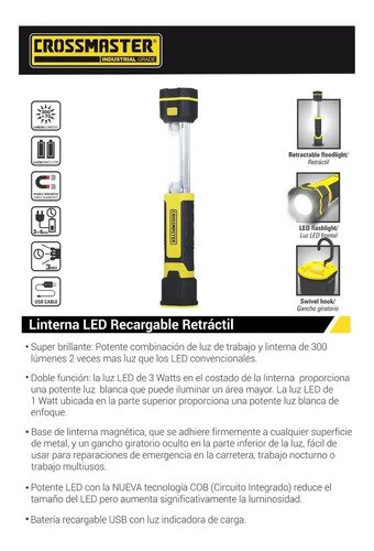 Linterna Led Recargable 300 Lumen Retractil Crossmaster Fc Blanco Amarillo - Imagen 3