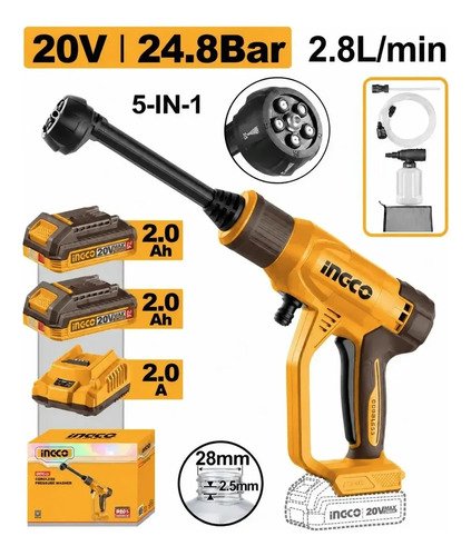 Hidrolavadora A Batería Ingco P20s 20v 2.8l/min Con Cpwli205 Amarillo 24