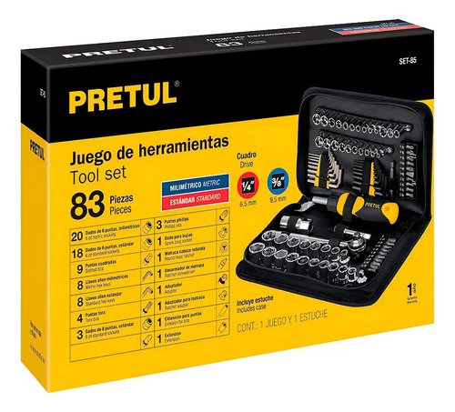 Juego Dados Llaves Puntas Allen Con 83 Piezas Pretul Set-85 Color Cromado